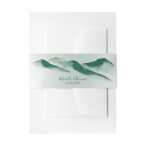 Elegant Green Watercolor Mountain Forest Rustic Invitation Belly Band