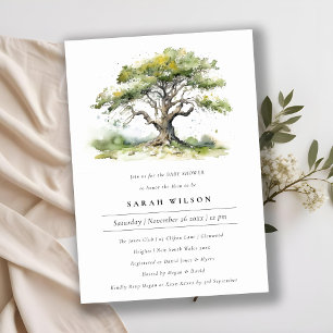 Elegant Green Watercolor Oak Tree Baby Shower Invitation