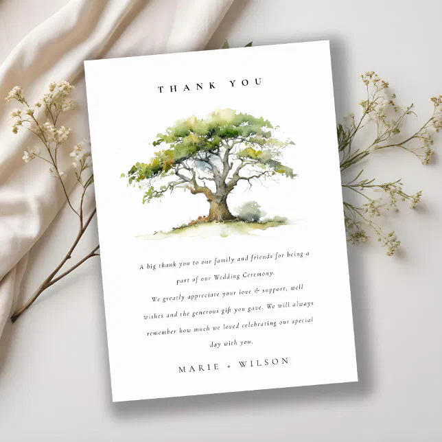 Elegant Green Watercolor Oak Tree Wedding Thank You Card | Zazzle