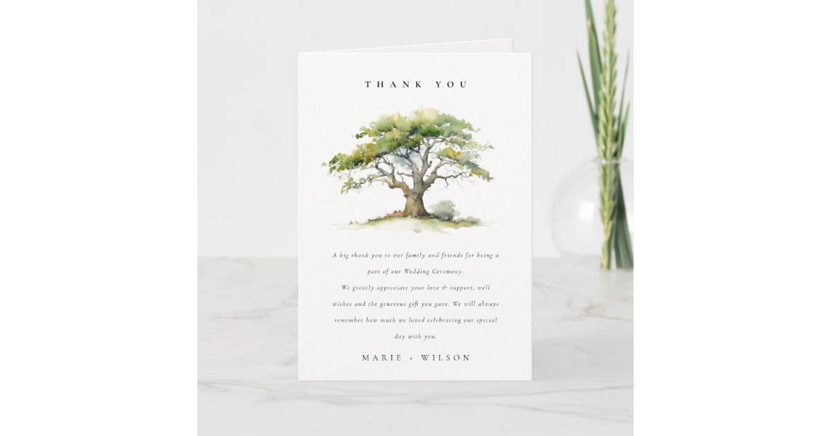 Elegant Green Watercolor Oak Tree Wedding Thank You Card | Zazzle