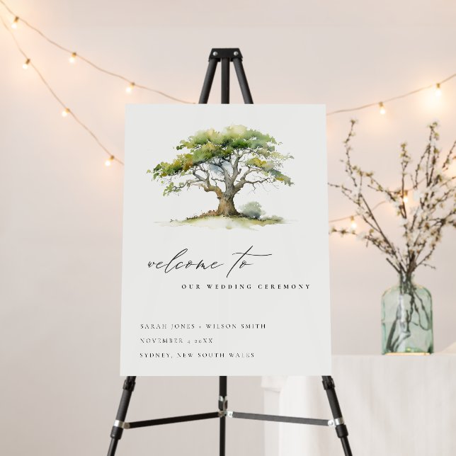 Elegant Green Watercolor Oak Tree Wedding Welcome Foam Board (In Situ (Stand))