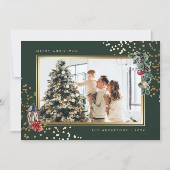 Elegant Green Watercolor Photo Christmas Cards