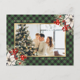 Elegant Green Watercolor Photo Christmas Holiday Postcard