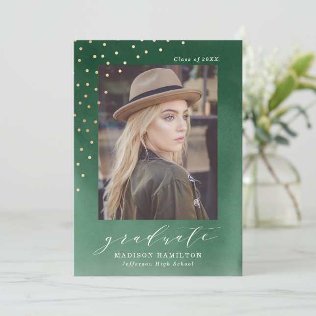 Elegant Green Watercolor Photo Graduation Party Invitation (Standing Front)