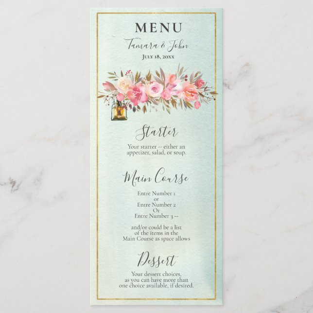 Elegant Green Watercolor Rose Gold Floral Lanterns Menu (Front)