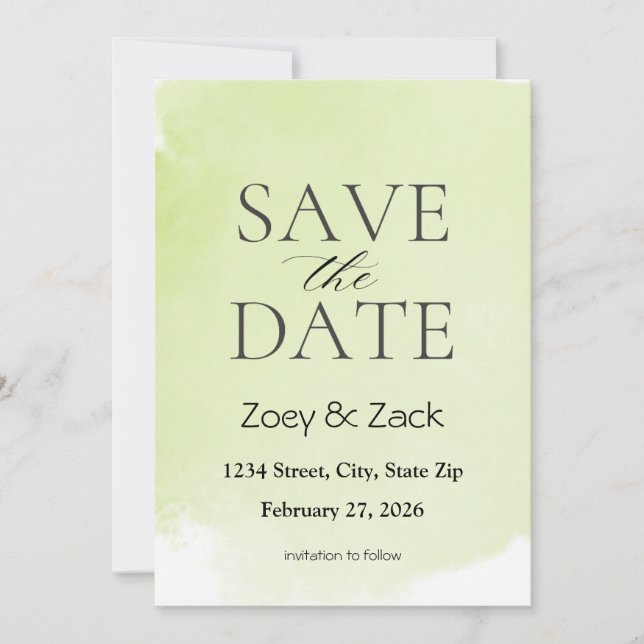 Elegant Green Watercolor Save the Date Invitation (Front)