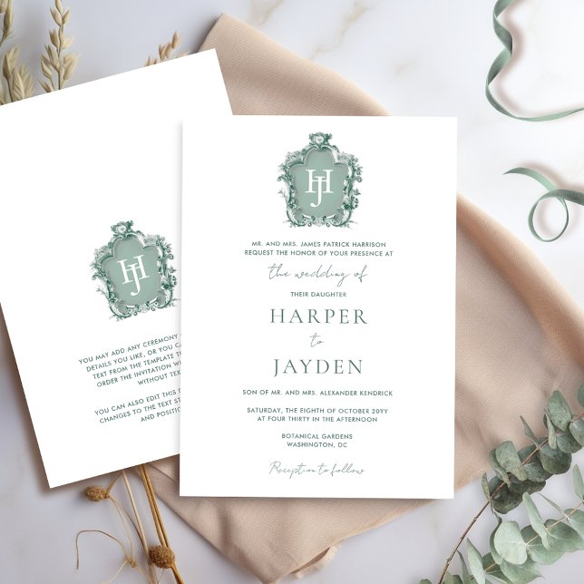 Elegant Green Watercolor Timeless Monogram Wedding Invitation (Creator Uploaded)