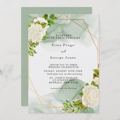 Elegant Green Watercolor White Florals Wedding Invitation