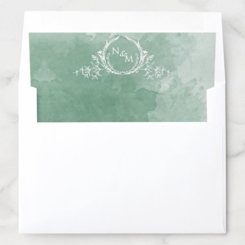 Elegant Green Watercolor White Monogram Wedding Envelope Liner
