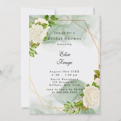 Elegant Green Watercolor White Roses Bridal Shower Invitation