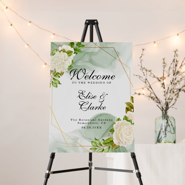 Elegant Green Watercolor White Roses Wedding Foam Board (In Situ (Stand))
