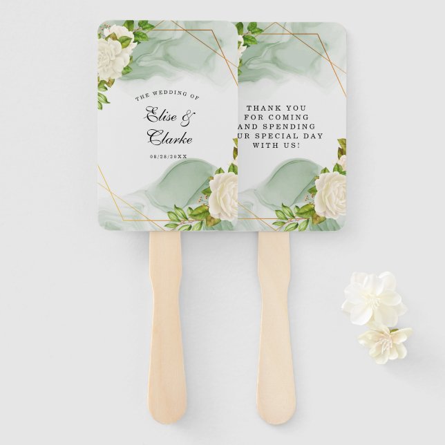 Elegant Green Watercolor White Roses Wedding Hand Fan (Front and Back)