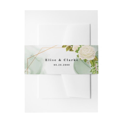 Elegant Green Watercolor White Roses Wedding Invitation Belly Band