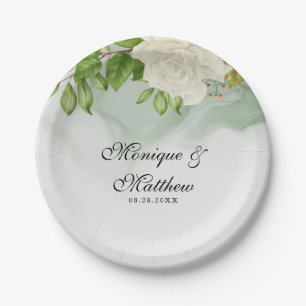 Elegant Green Watercolor White Roses Wedding Paper Plates