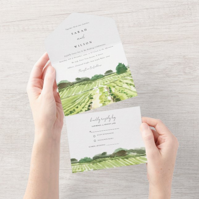 Elegant Green Watercolor Winery Vineyard Wedding All In One Invitation (Tearaway)