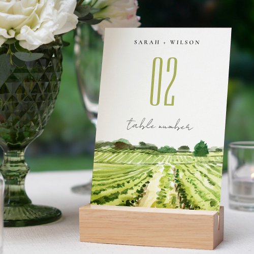 Elegant Green Watercolor Winery Vineyard Wedding Table Number