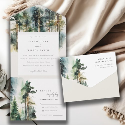 Elegant Green Watercolor Woodland Forest Wedding All In One Invitation