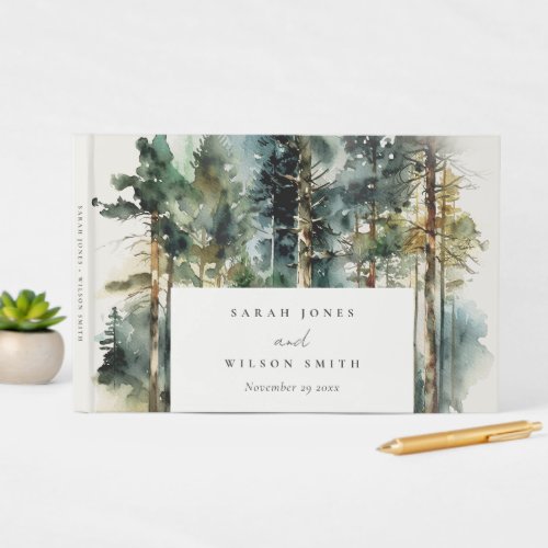 Elegant Green Watercolor Woodland Forest Wedding Guest Book