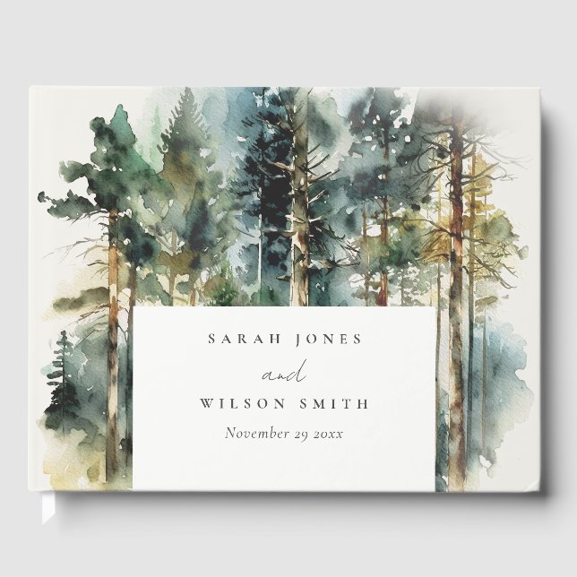 Elegant Green Watercolor Woodland Forest Wedding Guest Book (Front)
