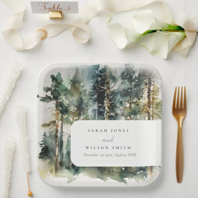 Elegant Green Watercolor Woodland Forest Wedding Paper Plates (Wedding)