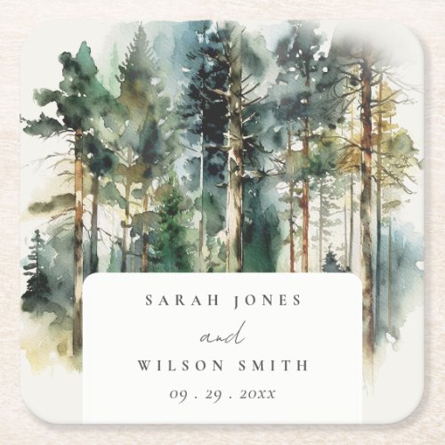 Elegant Green Watercolor Woodland Forest Wedding Square Paper Coaster