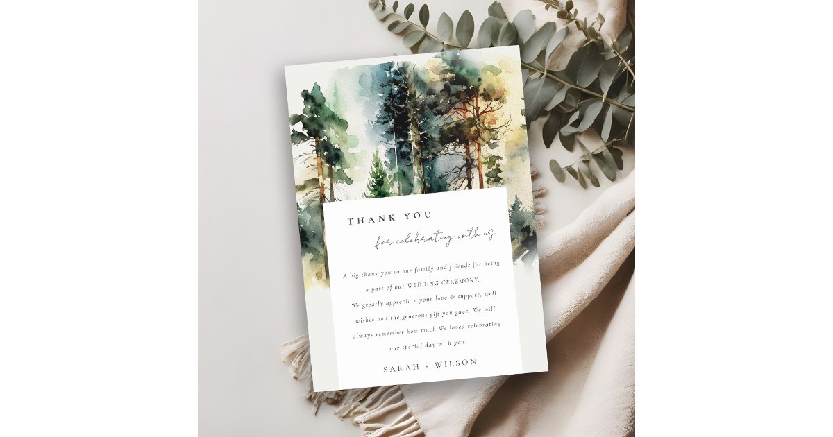 Elegant Green Watercolor Woodland Forest Wedding Thank You Card | Zazzle