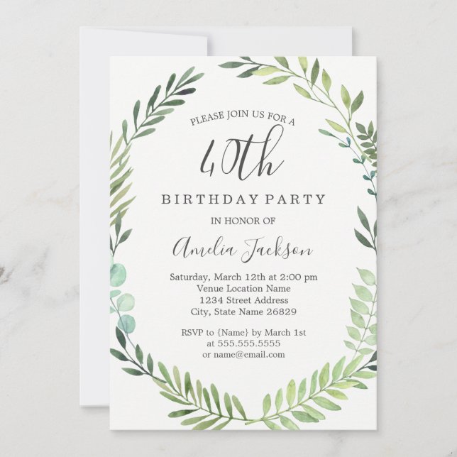 Elegant Green Watercolor Wreath 40th Birthday Invitation (Front)
