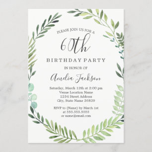 Elegant Green Watercolor Wreath 60th Birthday Invitation