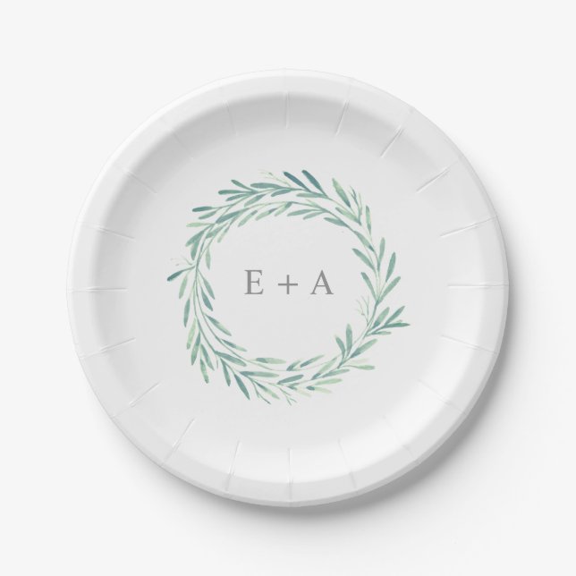 Elegant Green Watercolor Wreath Monogram Wedding Paper Plates (Front)