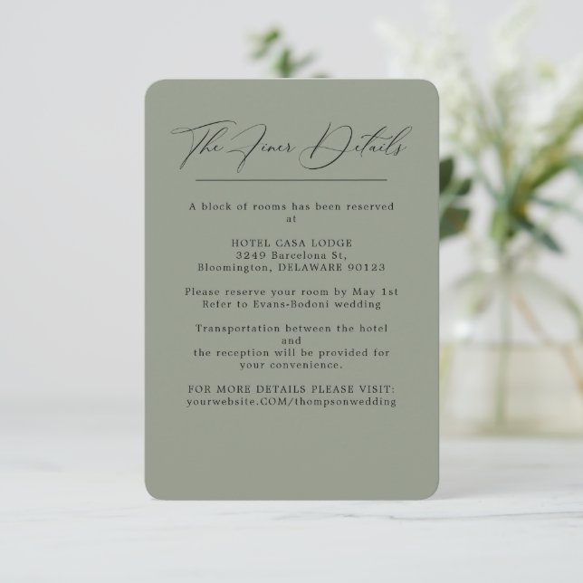 Elegant  Green Wedding  Details Enclosure Card (Standing Front)
