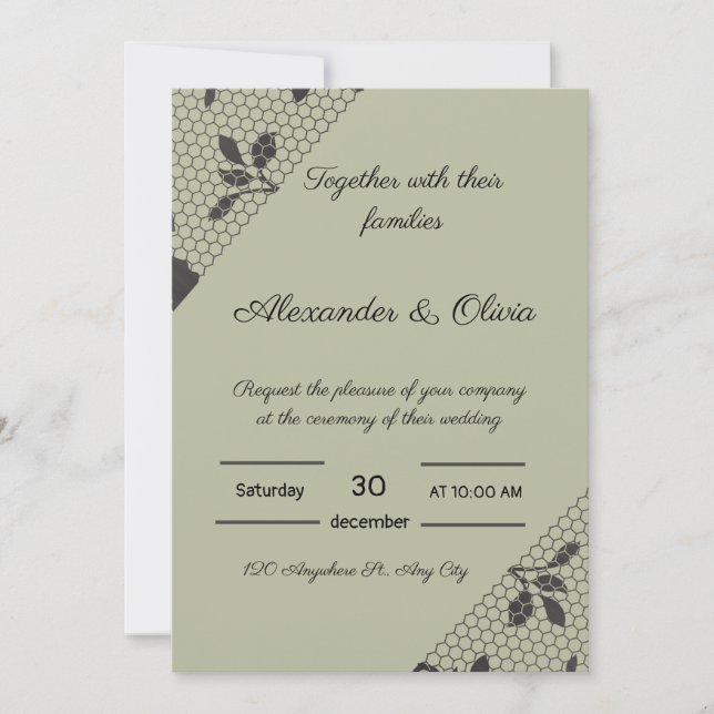  Elegant Green Wedding Invitation with Black Flora (Front)