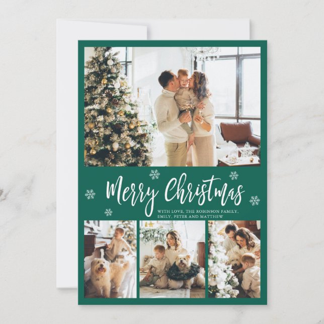 Elegant Green White 4 Photo Collage Christmas Holiday Card (Front)