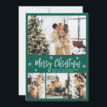Elegant Green White 4 Photo Collage Christmas Holiday Card<br><div class="desc">Elegant, Modern Green and White 4 Photo Collage Merry Christmas Script Holiday Card. This festive, whimsical, minimalist, (4) four photo holiday card template features a pretty photo collage, some snowflake and says Merry Christmas! The „Merry Christmas” greeting text is written in a beautiful white color hand lettered typography font type...</div>