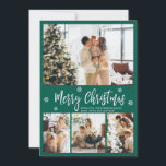Elegant Green White 4 Photo Collage Christmas Holiday Card<br><div class="desc">Elegant, Modern Green and White 4 Photo Collage Merry Christmas Script Holiday Card. This festive, whimsical, minimalist, (4) four photo holiday card template features a pretty photo collage, some snowflake and says Merry Christmas! The „Merry Christmas” greeting text is written in a beautiful white color hand lettered typography font type...</div>