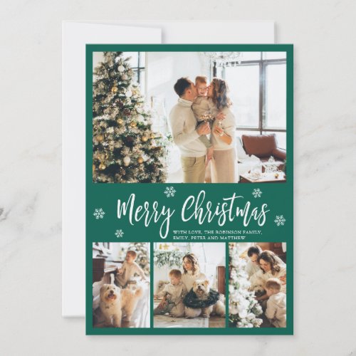 Elegant Green White 4 Photo Collage Christmas Holiday Card