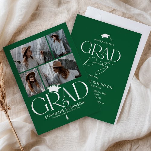 Elegant Green & White 4 Photo Graduation Party