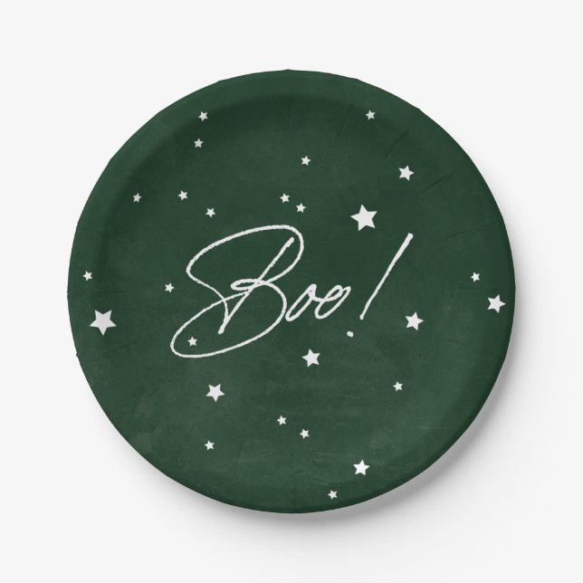 Elegant Green/White Boo! Halloween Party Paper Plates (Front)