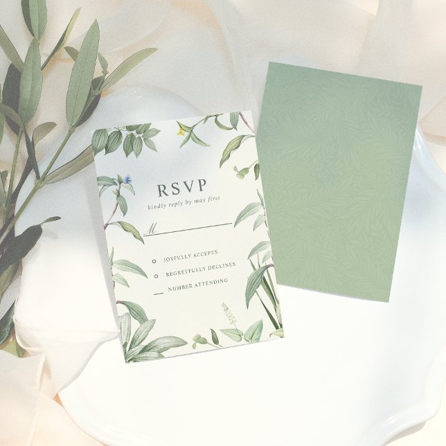 Elegant Green & White Botanical Leaves Wedding RSVP Card (Creator Uploaded)