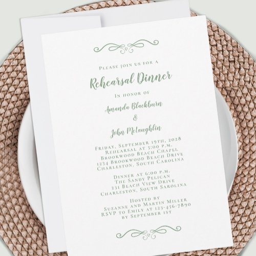 Elegant Green White Chic Wedding Rehearsal Dinner Invitation