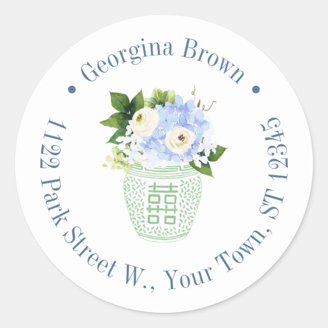 Elegant Green White Chinoiserie Return Address Classic Round Sticker (Front)