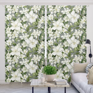 Elegant Green White Floral Flower Pattern Blackout Curtains