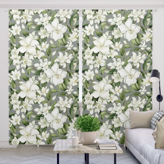 Elegant Green White Floral Flower Pattern Blackout Curtains (Living Room)