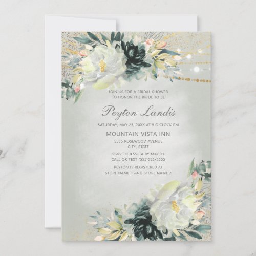 Elegant Green White Floral Gold Lights Bridal Invitation