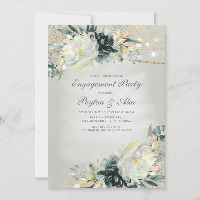 Elegant Green White Floral Gold Lights Engagement Invitation (Front)