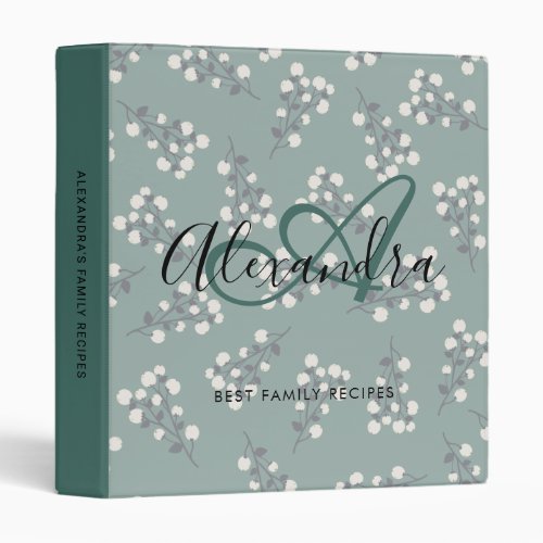 Elegant Green White Floral Name Monogram Recipe 3 Ring Binder