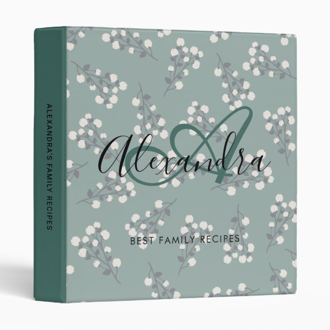 Elegant Green White Floral Name Monogram Recipe 3 Ring Binder (Front/Spine)