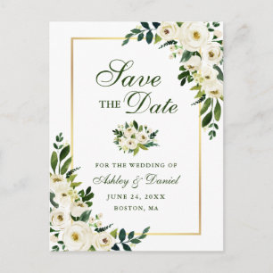 Elegant Green White Floral Save the Date Announcement Postcard
