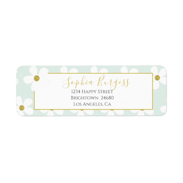 Elegant Green White Floral Simple Daisy Gold Label (Front)
