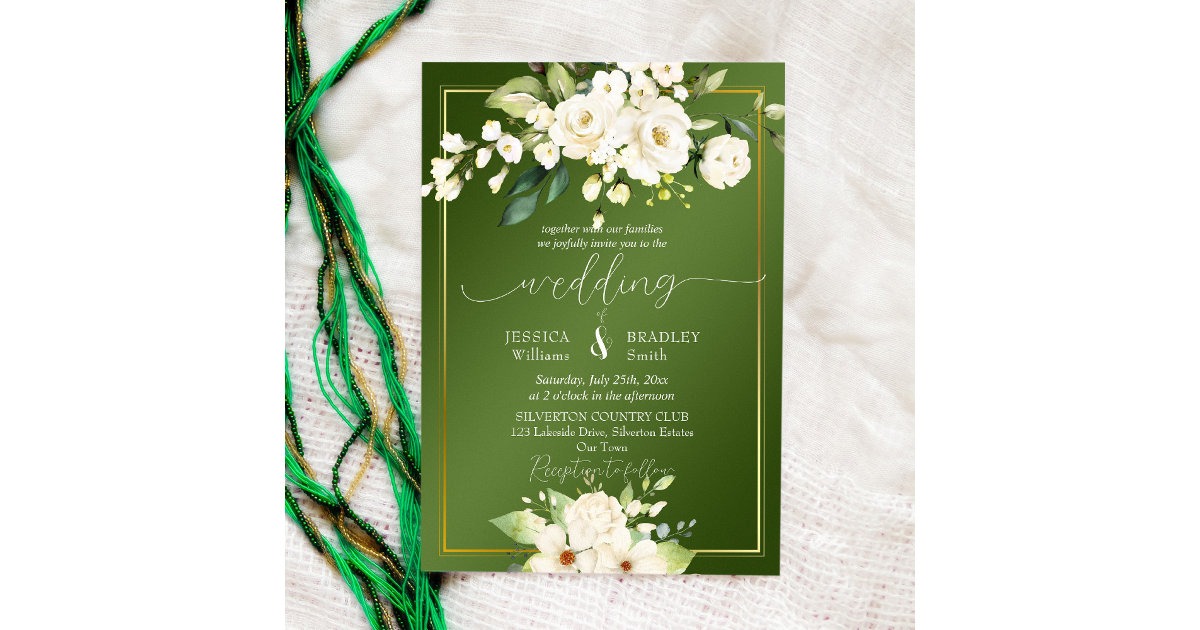 Elegant green white flowers wedding invitation | Zazzle