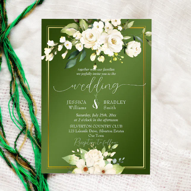 Elegant green white flowers wedding invitation | Zazzle